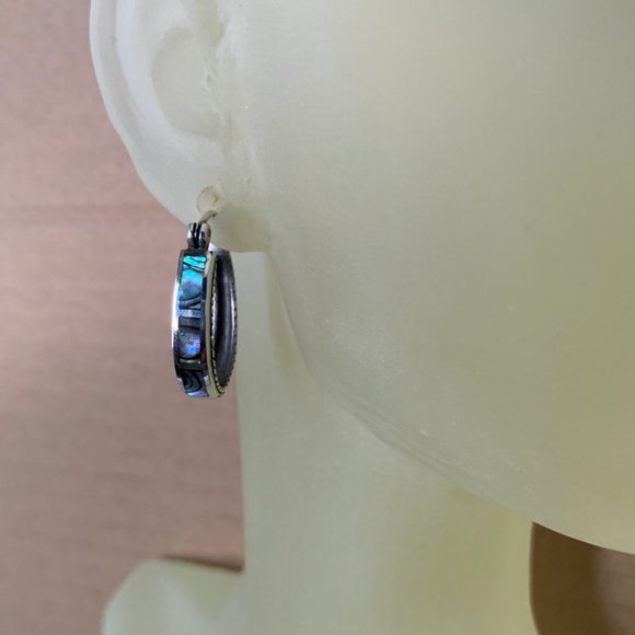 NEW Silver & Inlaid Abalone Shell Hoop Earrings - Picture 3 of 7